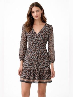 Club Monaco Silk Floral V-Neck Mini Dress Sheer Long Sleeve Ruffle Hem Boho Chic